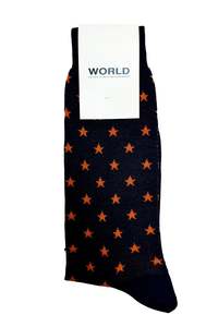 WORLD Italian Made Cotton Socks - Navy w/ Orange Stars