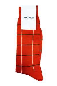 WORLD Italian Made Cotton Socks - Orange w/ Green & White Check
