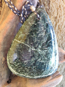 Products: Chatoyant White-Veined Bowenite Drop Pendant Woven Stone Jade