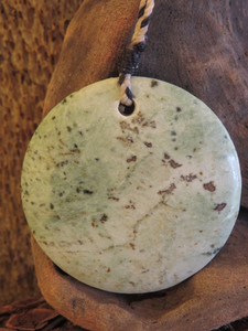 Products: Arahura Kokopu Jade Pierced Disc Pendant Woven Stone Jade
