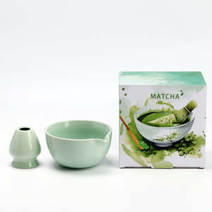 Matcha Bowl: Celadon Vertical Stripe Matcha Set 2 Pieces