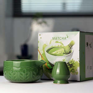 Matcha Bowl: Willow Green Floral Relief Matcha Set 2 Pieces