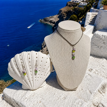 Jewellery Sets: Green catseye and Amethyst and crackled glass Pendant and earring Silver