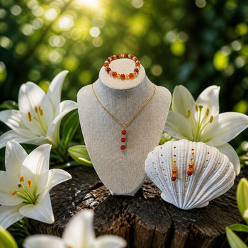 Carnelian and Citrine Pendant Bracelet and Earrings Gold