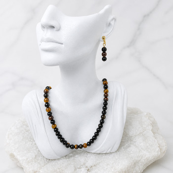 Obsidian and Tigers eye Pendant Bracelet Earring Gold