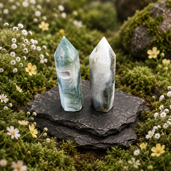 Moss agate Polished Points Pair