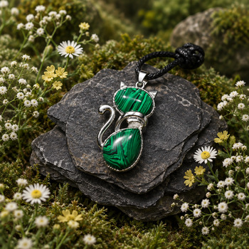 Pendants Necklaces: Malachite Cat Silver Pendant