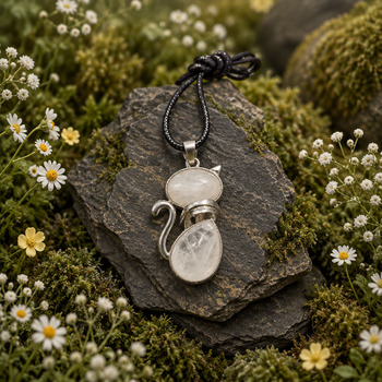 Pendants Necklaces: Clear Quartz Cat Silver Pendant