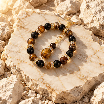 Tigers eye and obsidian Gold Pendant earrings and Bracelet