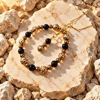 Copper and Obsidian Pendant Earrings and Bracelet