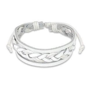 White Leather Bracelet with Double Strings Weaved Center
