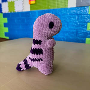 Gift Ideas 10 And Under: Crochet Dino Plushie pink/purple stripes