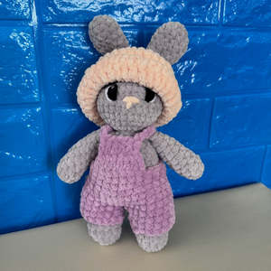 Crochet Plushies And Stuffed Animals: Hand Crocheted Bunny Purple Overalls