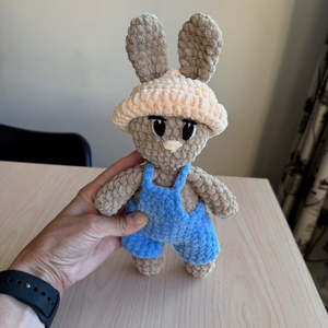 Hand Crocheted Bunny Blue Overalls/green hat