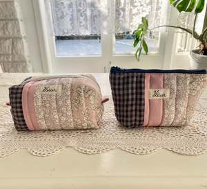 Patchwork Pouch Duo – Navy Check & Pink Floral