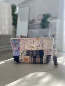 Bag 1: Patchwork Pouch Bag – Navy, Check & Natural Tones with Vintage Lace