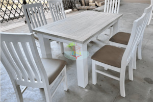 Ashland# Acacia White&Wood Ash Top Dining Suite | 1.5M Table&6 Chairs | LS