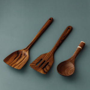 Eco-Friendly Handcrafted Wooden Kitchen Utensil Set – 2 Spatulas + 1 Serving Spoon