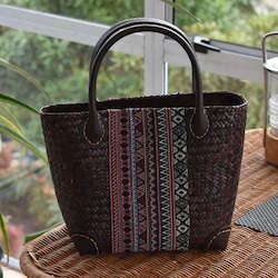 Bags: Dark Woven Krajood Bag with Leather Handles | yompai