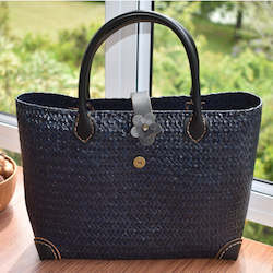 Bags: Rich Blue Handwoven Krajood Bag with Leather Handles | yompai