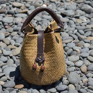 Handcrafted Sustainable Bags For Everyday Style Eco Friendly Stylish: Small Krajood Woven Bucket Bag with Leather Handle