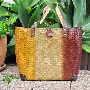 Handcrafted Sustainable Bags For Everyday Style Eco Friendly Stylish: Three-Toned Handwoven Krajood Bag with Leather Straps