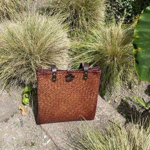 Handcrafted Sustainable Bags For Everyday Style Eco Friendly Stylish: Large Krajood Woven Bag with Leather Strap Handles