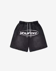 Shorts: Distressed Logo Shorts | Washed Black