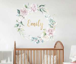 Rose Floral Wreath Custom Name Wall Decal