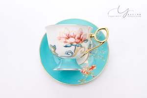 Coffee Cup And Saucer Set: Flowers Bloom In Prosperity Sky Blue Cup & Saucer