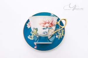 Flowers Bloom In Prosperity Dark Blue Cup & Saucer