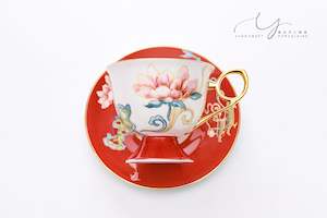 Coffee Cup And Saucer Set: Flowers Bloom In Prosperity Red Cup & Saucer
