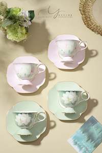 Fresh and Elegant Lotus Flower Teacups & Saucers Sets for Two