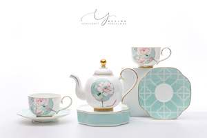 Jade Fan Lotus Flowers Tea Sets with 6 Pieces