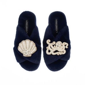 Slippers: Double Brooch Slippers | Laines London | Pearl Octopus & Shell