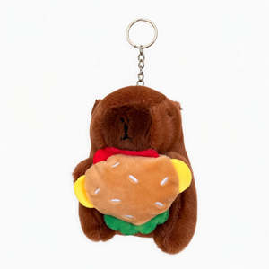 Capybara Plush Keychain with Hamburger– Fluffy Kawaii Charm