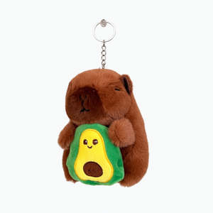 Capybara Plush Keychain with Avocado – Fluffy Kawaii Charm