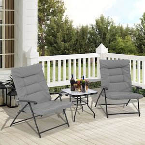 Furniture: 3 Piece Folding Chair Set Outdoor Furniture Adjustable Reclining Bistro Set with Classic Grey Cushions