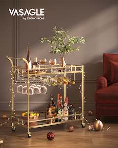 VASAGLE Bar Cart Gold, Home Bar Serving Cart