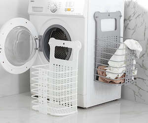 Laundry: Collapsible Foldable Wall Hanging Laundry Basket White and Gray