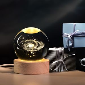 Bedroom: 3D Crystal Ball Night Light Wooden Base USB LED Lamp Moon