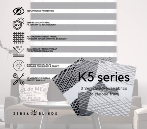 Semi Blockout Roller Blinds Fabric: K5 Series Semi Blockout Zebra Blinds - 3 Colour Options Available