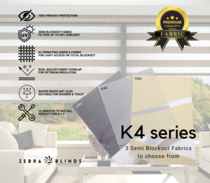 Semi Blockout Roller Blinds Fabric: K4 Series Semi Blockout Zebra Blinds - 3 Colour Options Available