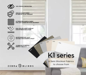 Semi Blockout Roller Blinds Fabric: K1 Series Semi Blockout Zebra Blinds - 6 Colour Options Available