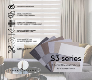 S3 Series Semi Blockout Zebra Blinds - 6 colour options