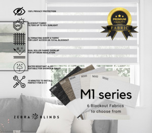 Blockout Roller Blinds Fabric: M1 Series Blockout Zebra Blinds - 6 Colour Options Available