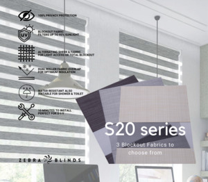 Blockout Roller Blinds Fabric: S20 Series Blockout Zebra Blinds - 3 colour options
