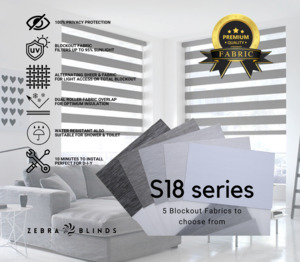 Blockout Roller Blinds Fabric: S18 Series Blockout Zebra Blinds - 5 colour options