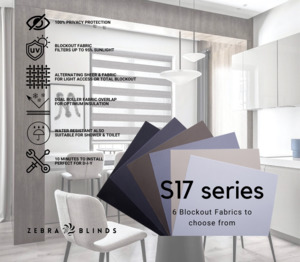 Blockout Roller Blinds Fabric: S17 Series Blockout  Zebra Blinds - 6 Colour Options Available
