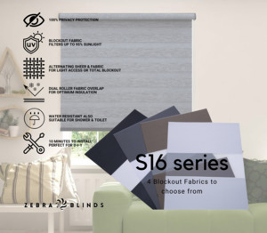 Blockout Roller Blinds Fabric: S16 Series Blockout  Zebra Blinds - 4 Colour Options Available
